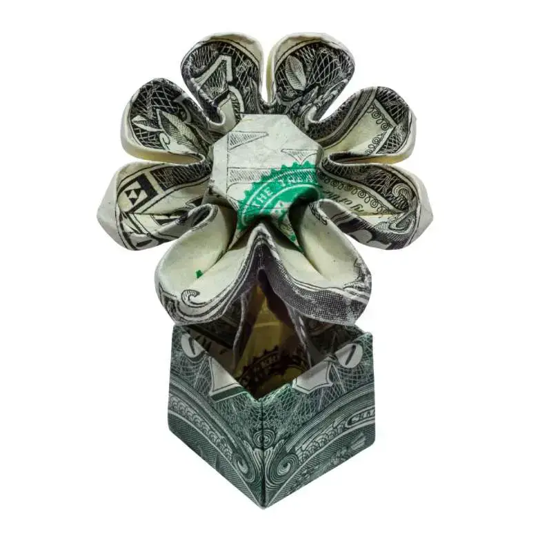 Folded money flower box (money origami or moneygami). DIY folded dollar bill gifts to give other people.